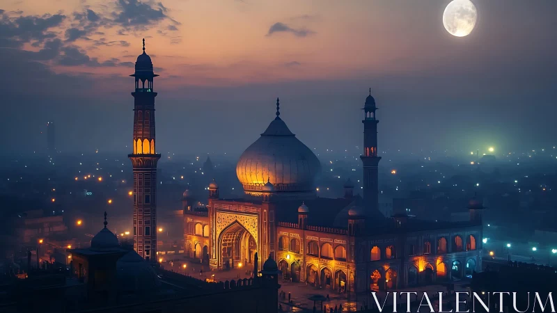 Moonlit Mughal-style mosque skyline under blue-orange dusk