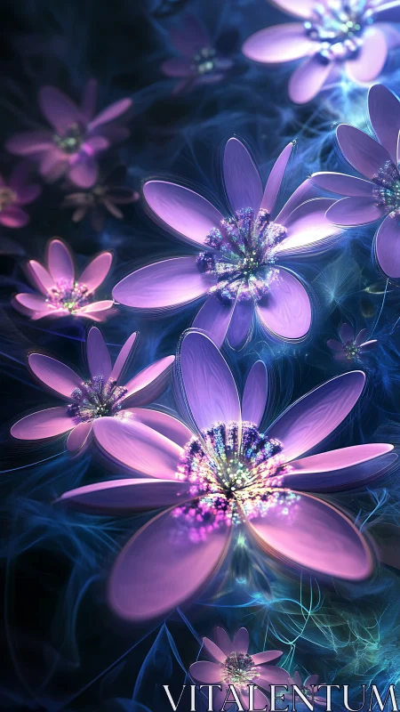 Dreamlike violet blossoms glow gently in a swirling night garden