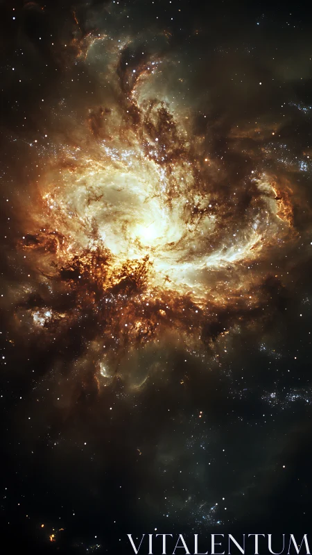 Stellar nebula with bright golden core and dust clouds.