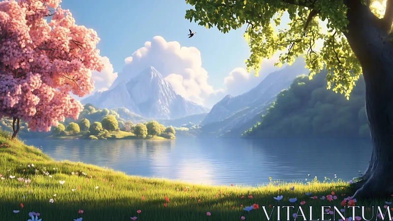 Springlit mountain lake cradled by blossom and emerald shade.