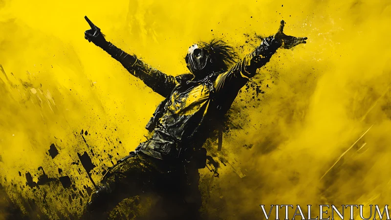 Masked figure in explosive yellow dust with dynamic gesture.
