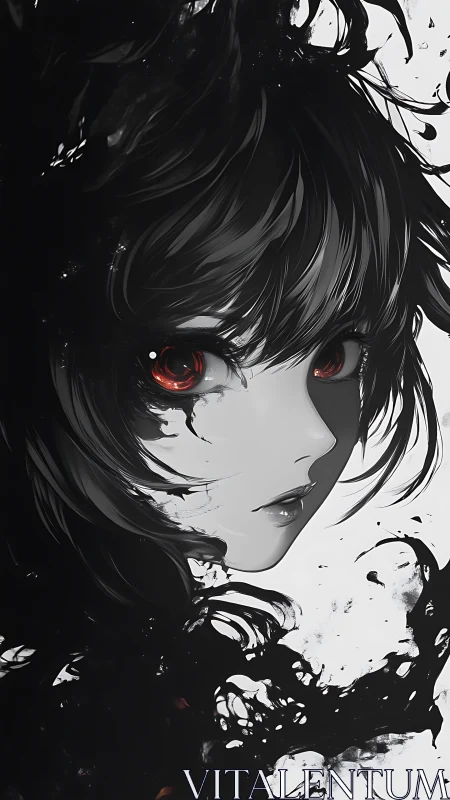 Monochrome anime portrait with red eyes and ink-like forms.