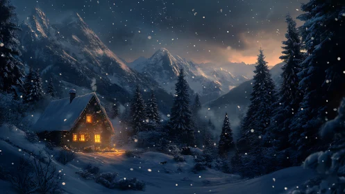 Snowy mountain cabin glows warmly under evening snowfall
