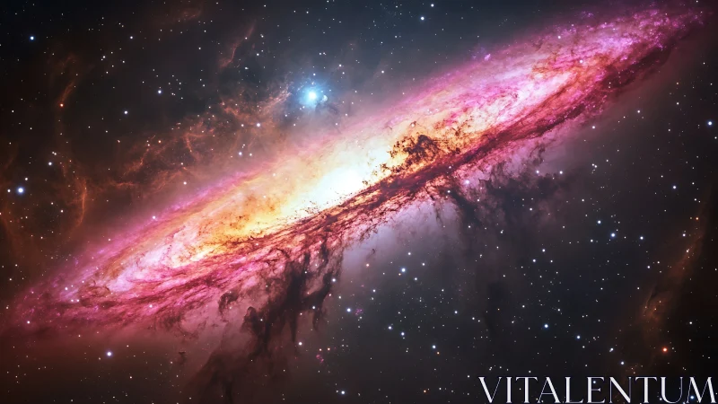 Spiral galaxy glows with magenta dust and golden core.