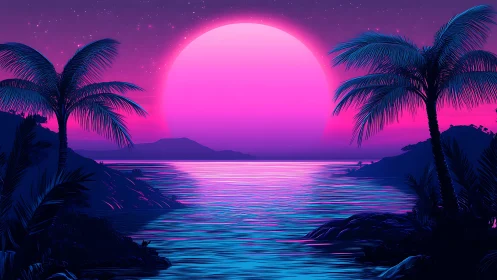 Neon gradient sunset over stylized tropical bay with mirrored reflections