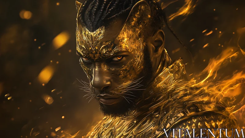 Gold-armored feline warrior rendered with molten metallic surface detailing