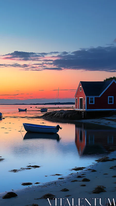 Calm seaside house and moored boats at vivid sunset.