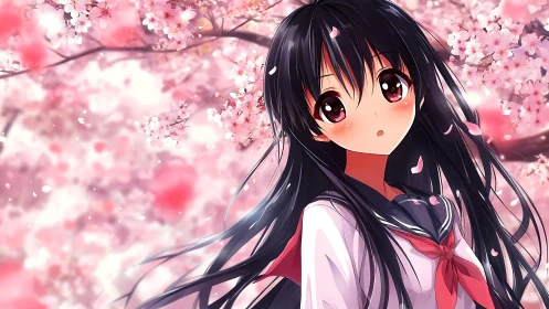 Anime schoolgirl stands under dreamy pink cherry blossoms