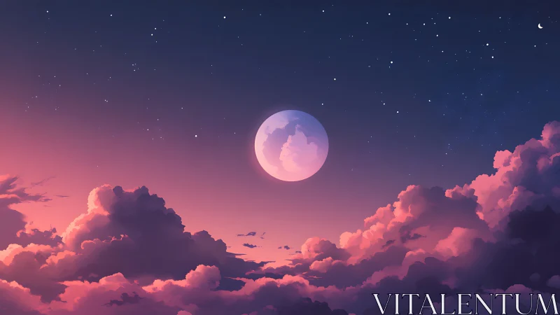 Digital moonrise over violet clouds and twilight sky.