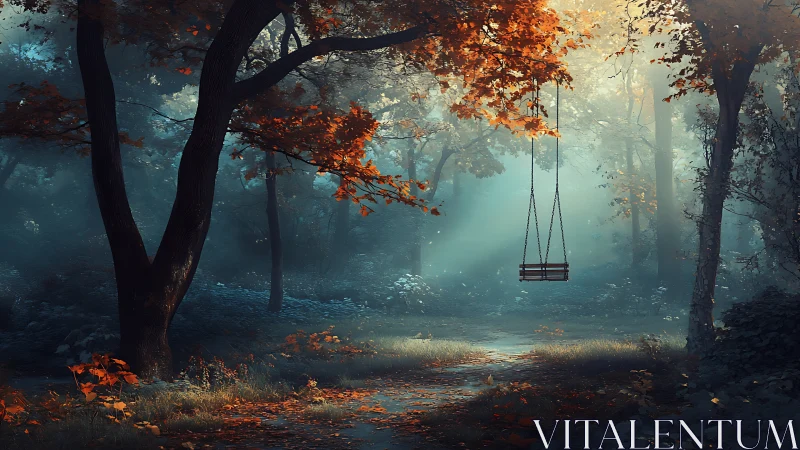 Abandoned Swing in Misty Autumn Forest Landscape.