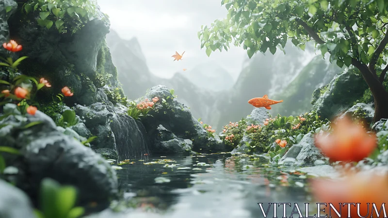 Volumetric-lit 3D pond with orange koi hovering above reflective water