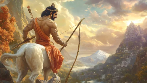 Mythic centaur archer overlooking stepped mountain citadel at dawn