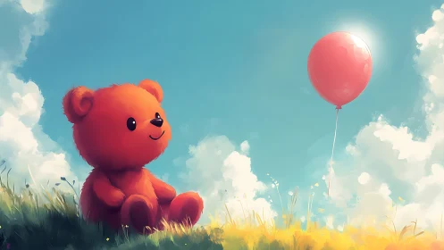Teddy bear on grassy hill watching single red balloon.