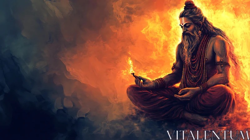 Fiery sage in meditation cradling flame within swirling void.