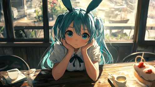Blue twin-tailed girl in sunlit cafe interior, wistful gaze