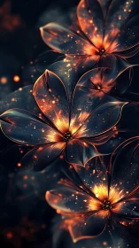 Glowing abstract flowers with fiery orange light effects.