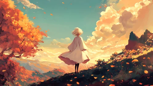 Solitary figure overlooking luminous autumn valley at dusk.