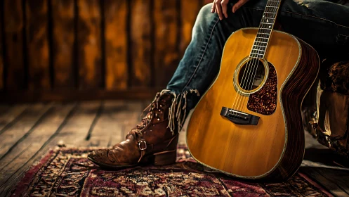 Acoustic guitar rests beside worn cowboy boots on rug.