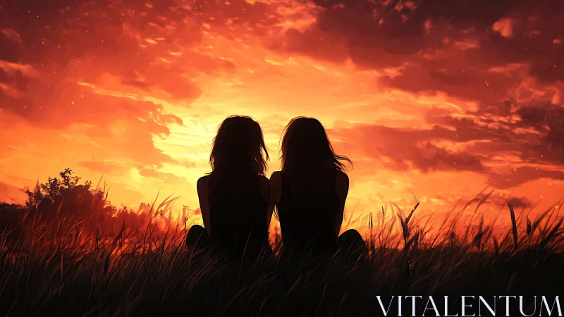 Two silhouettes trading secrets with a wildfire sunset sky.