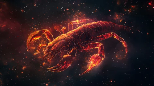 Volcanic nebula scorpion rendered in cosmic silhouette.