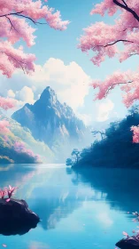 Serene mountain lake rests beneath luminous cherry blossoms
