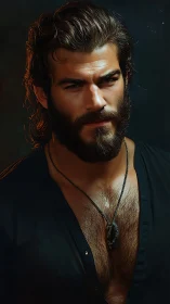 Smoldering bearded man gazes ahead in moody warm light