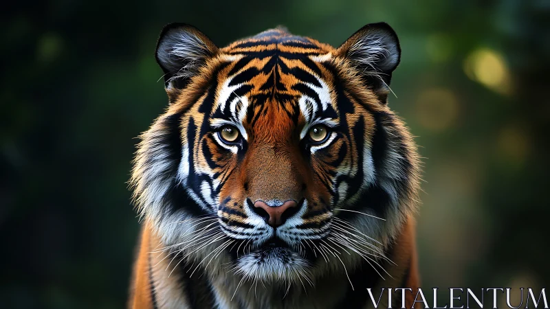 Majestic tiger stares ahead in softly lit jungle shadows