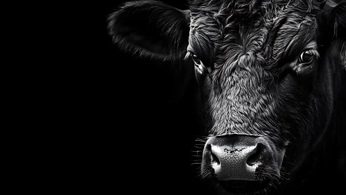 Black cow portrait in stark high contrast lighting.