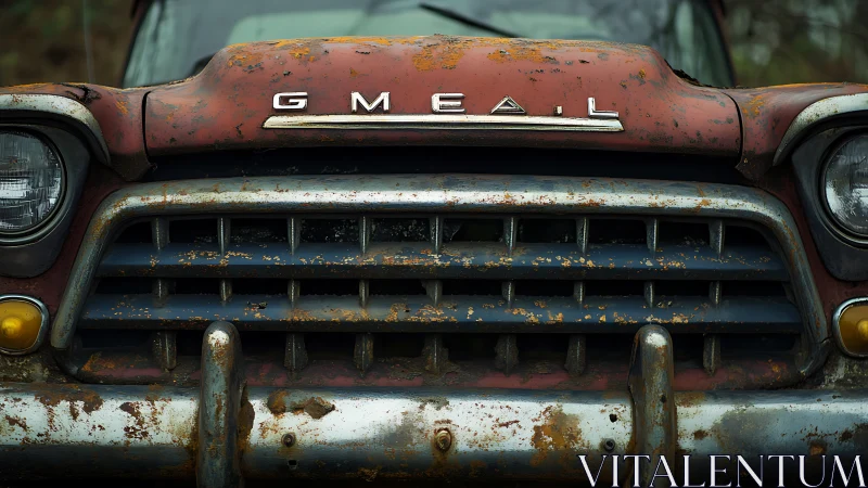 Weathered classic truck grille with rusted red hood.