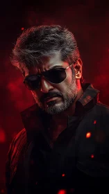 Confident silver-haired hero framed in bold red light.