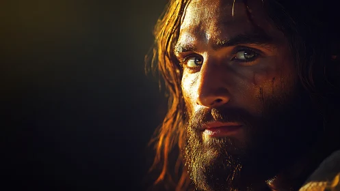 Golden side-lit bearded portrait with intense gaze focus.