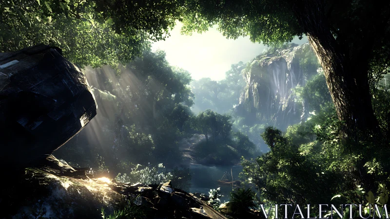 Subterranean canyon with limestone formations and vegetation.