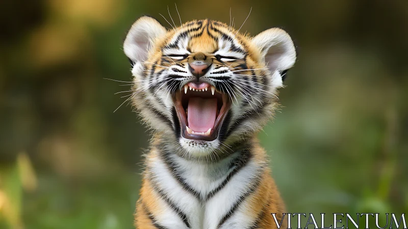 Juvenile tiger yawns mid-frame under shallow depth of field