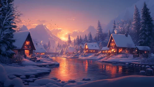 Snow-covered riverside chalets at sunset with warm interior light