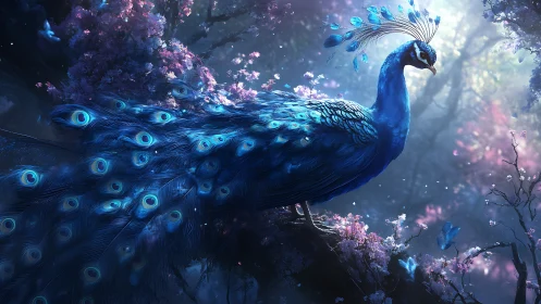 Sapphire peacock glows over ethereal blossom forest