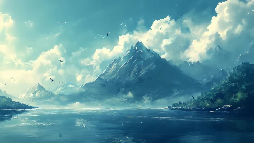 Atmospheric alpine massif above specular glacial waterway.