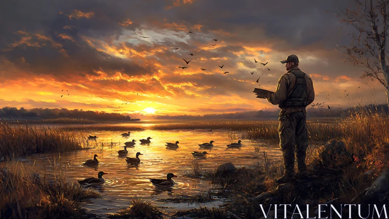 Sunset wetland hunter with waterfowl in painterly realism.