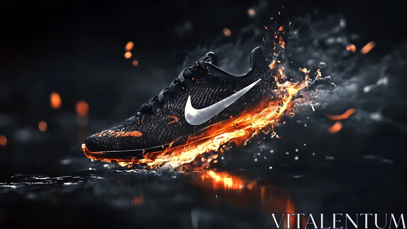 Flame‑lit running shoe slicing through sparks and stormwater.