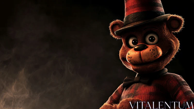 Friendly toy bear in a smoky spotlight with playful grin.