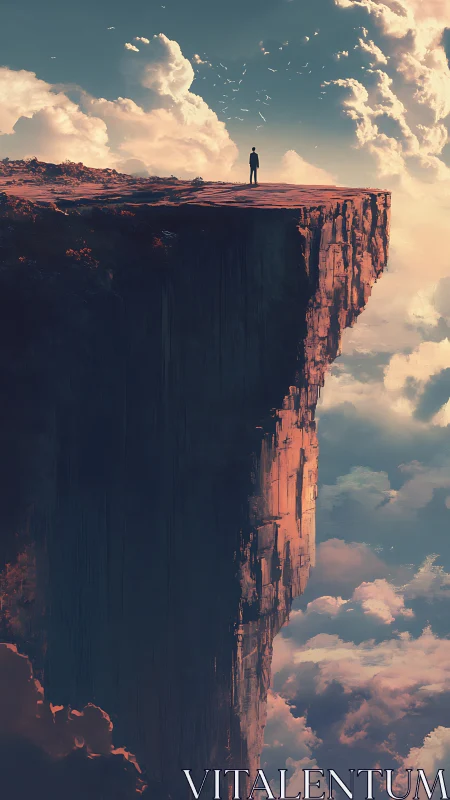 Solitary figure on towering cliff above luminous clouds.