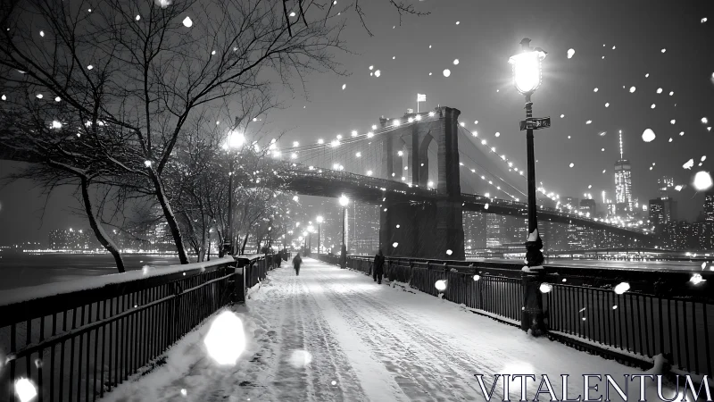 Snow falls on riverside walkway beneath illuminated bridge at night
