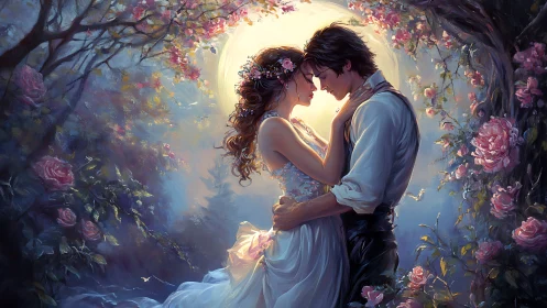 Romantic couple embraces beneath flowering archway with golden backlight