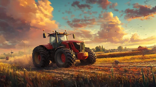Red tractor drives through rural fields at sunset light.