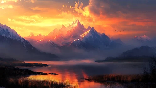 Fiery alpine sunrise ignites misty peaks and tranquil lake.