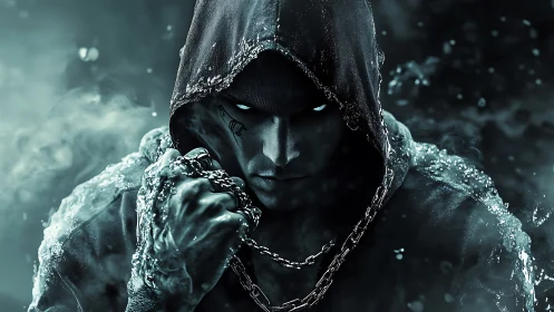 Hooded spectral fighter with glowing eyes and chains.