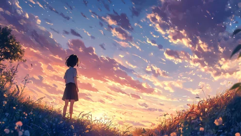 Soft sunset sky over quiet hilltop and thoughtful girl.