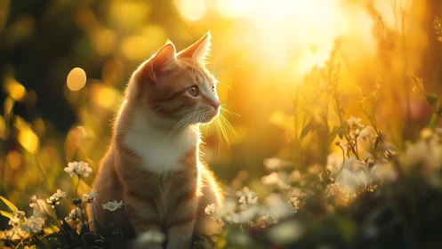 Ginger cat in sunset meadow amid glowing wildflowers.