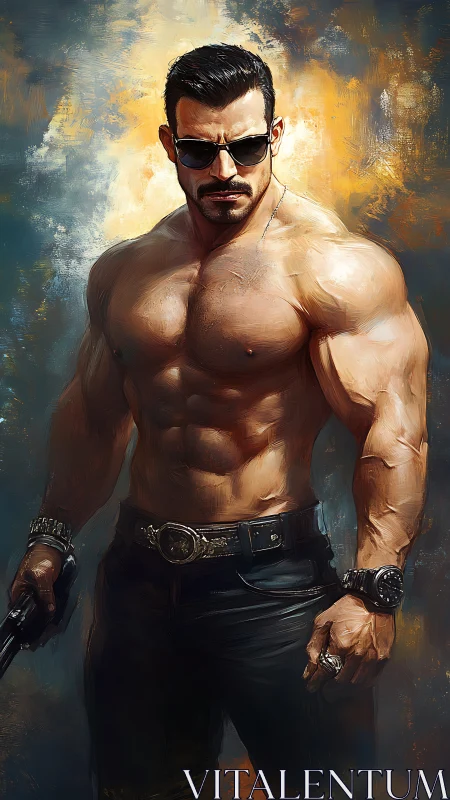 Sunlit enforcer strides from swirling paint and powder smoke