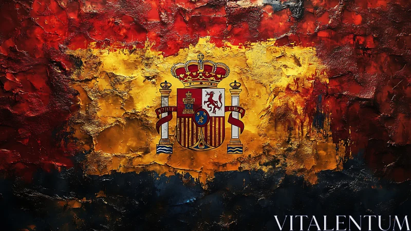Textured Spanish flag painting with central royal coat of arms.