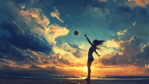 Silhouette of person with ball on shoreline at sunset.